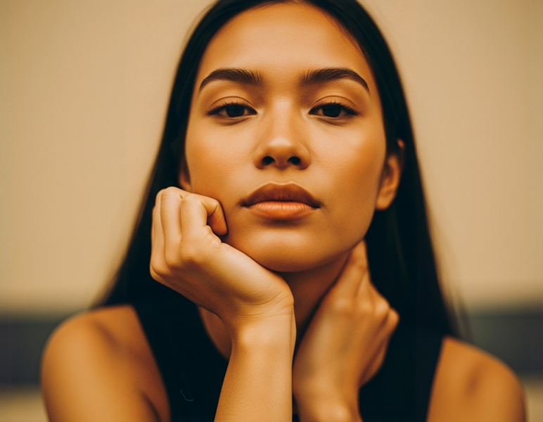 Close-up portrait of a thoughtful woman resting her chin on her hand, natural beauty and confidence - As Is, Sis