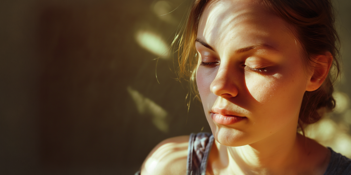 Close-up of woman in warm sunlight, introspective mood and emotional depth